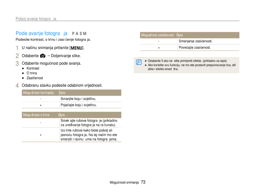 Samsung EC-EX1ZZZBPAE3, EC-EX1ZZZBPBE3 manual Podešavanje fotograﬁja p a S M, Odabranu stavku podesite odabirom vrijednosti 