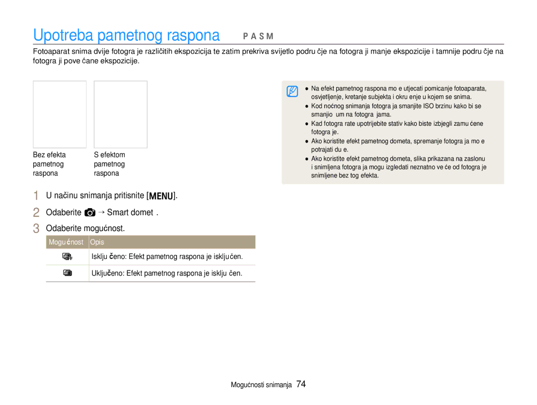 Samsung EC-EX1ZZZBPBE3, EC-EX1ZZZBPAE3 manual Upotreba pametnog raspona p a S M, Pametnog, Raspona 