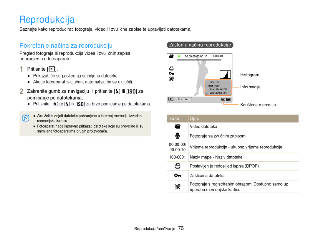 Samsung EC-EX1ZZZBPBE3 manual Reprodukcija, Pokretanje načina za reprodukciju, Pritisnite P, Zaslon u načinu reprodukcije 