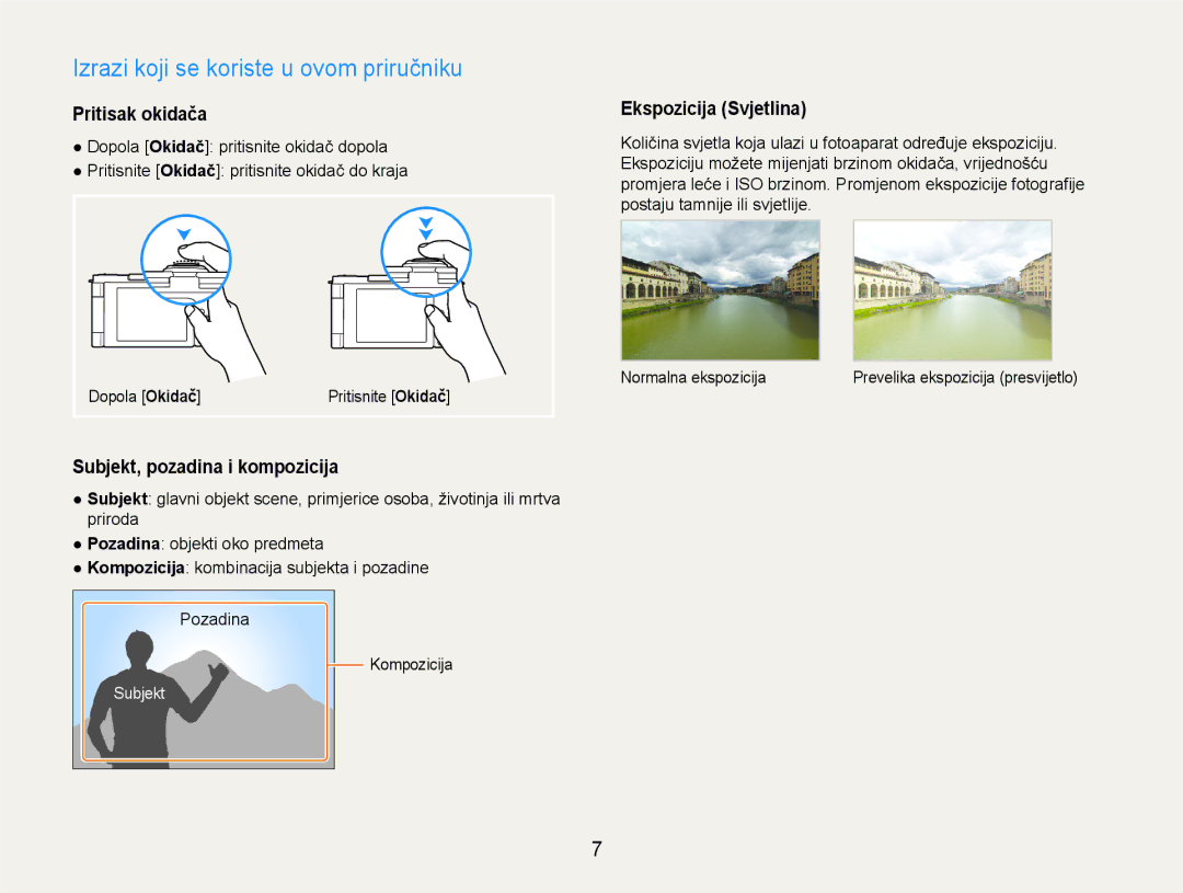 Samsung EC-EX1ZZZBPAE3 manual Izrazi koji se koriste u ovom priručniku, Pritisak okidača, Subjekt, pozadina i kompozicija 