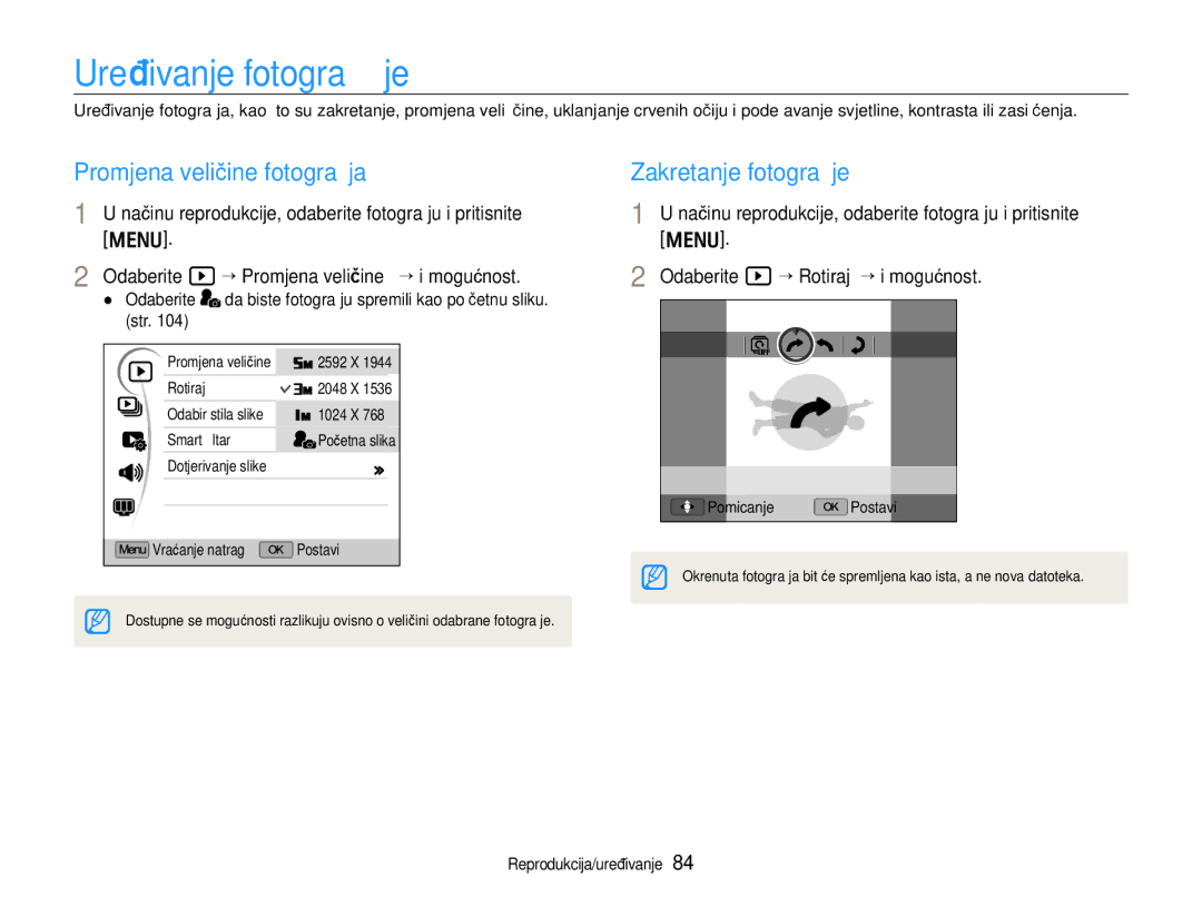 Samsung EC-EX1ZZZBPBE3, EC-EX1ZZZBPAE3 manual Uređivanje fotograﬁje, Promjena veličine fotograﬁja, Zakretanje fotograﬁje 