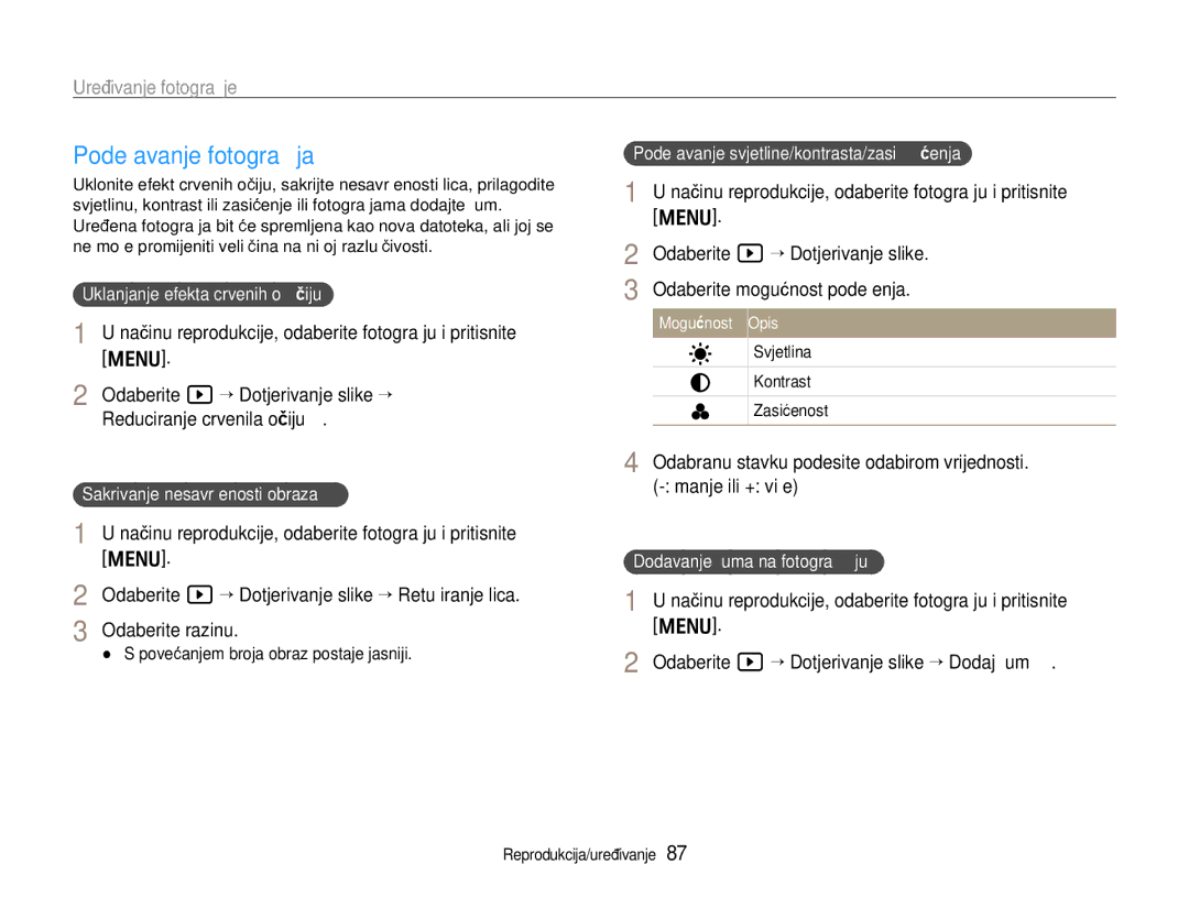 Samsung EC-EX1ZZZBPAE3 manual Podešavanje fotograﬁja, Odaberite y “ Dotjerivanje slike “, Reduciranje crvenila očiju 