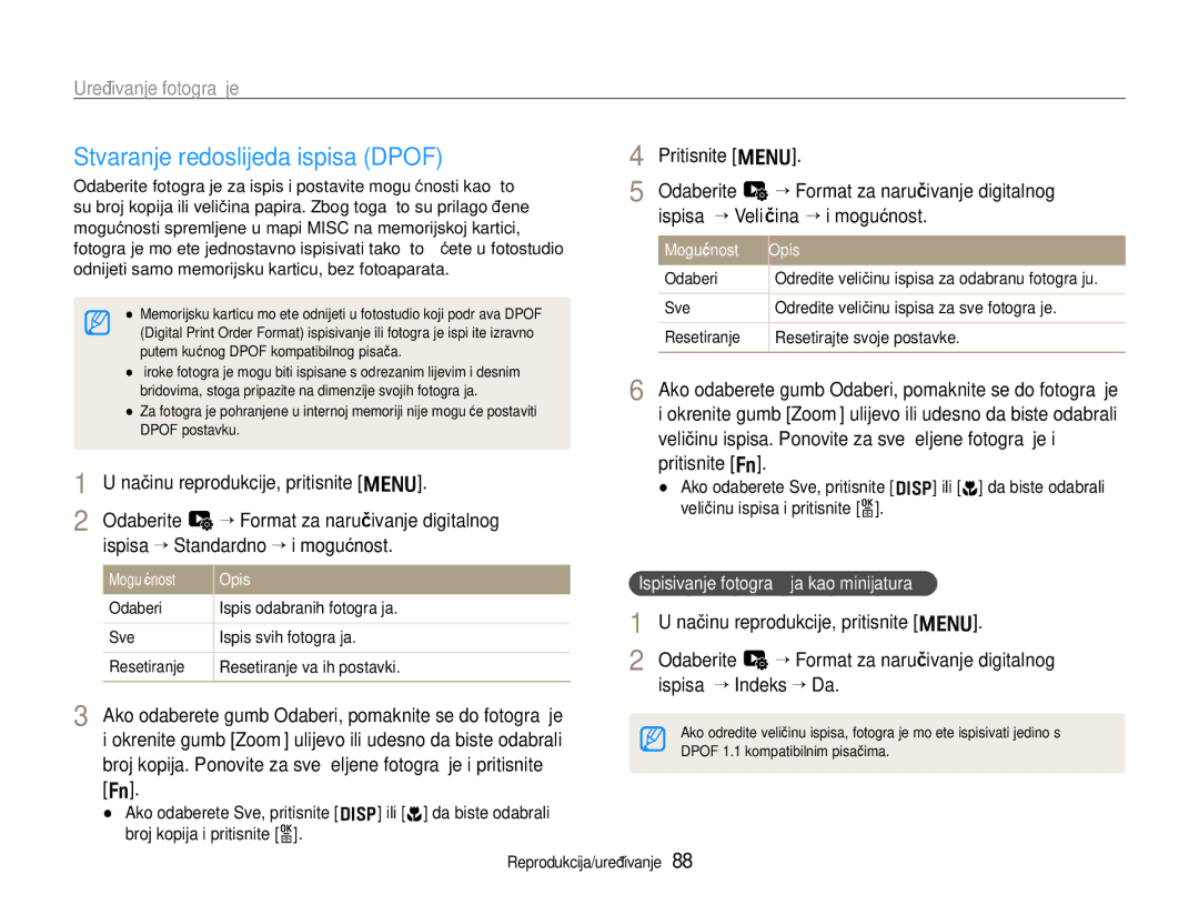 Samsung EC-EX1ZZZBPBE3 Stvaranje redoslijeda ispisa Dpof, Pritisnite m, Odaberite u “ Format za naručivanje digitalnog 