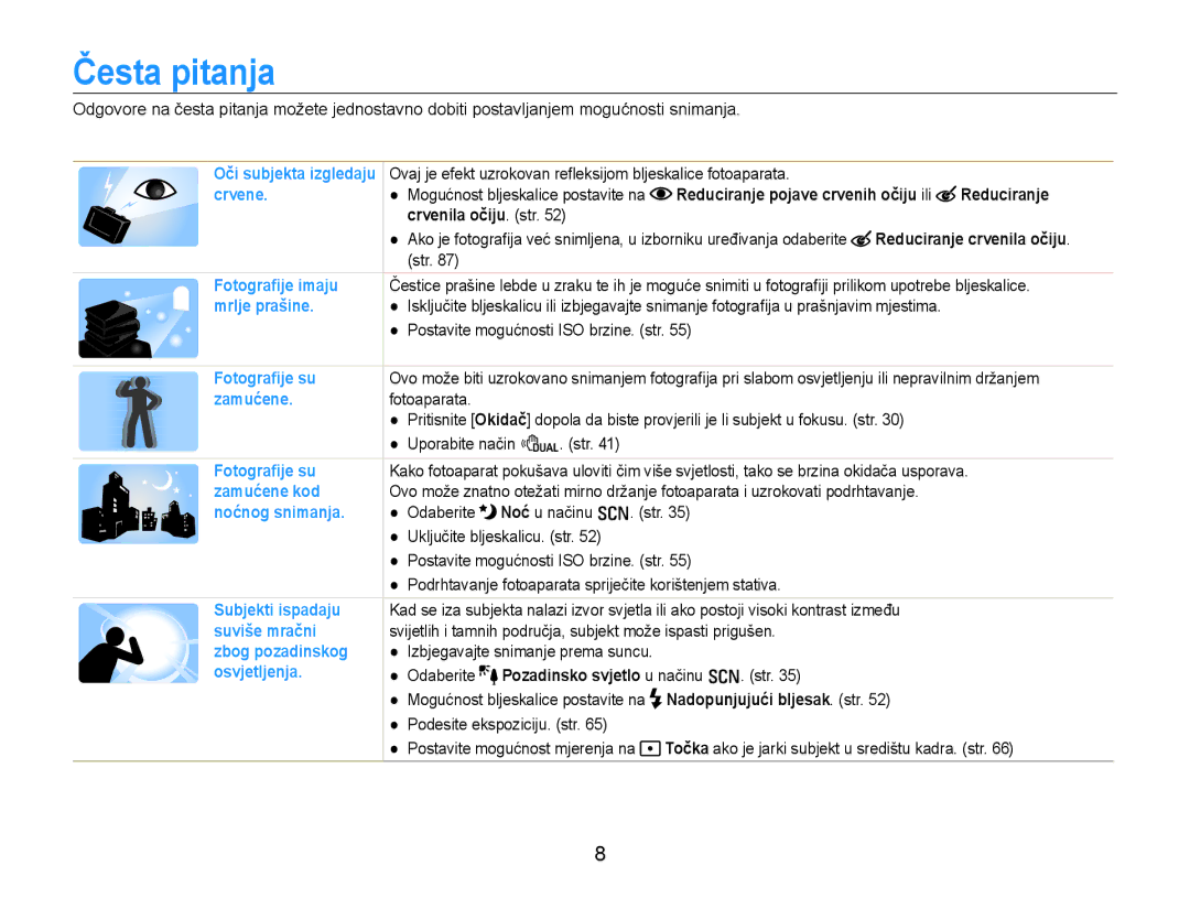 Samsung EC-EX1ZZZBPBE3 Česta pitanja, Crvenila očiju. str, Reduciranje crvenila očiju, Nadopunjujući bljesak. str 