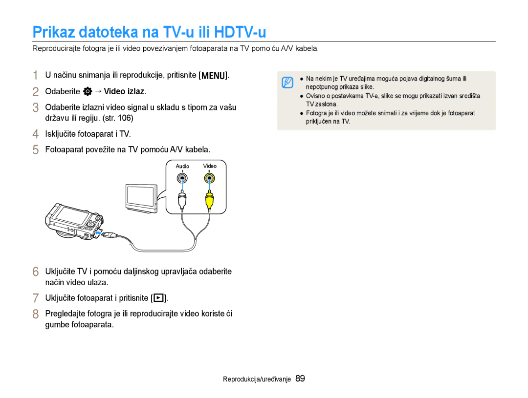 Samsung EC-EX1ZZZBPAE3 manual Prikaz datoteka na TV-u ili HDTV-u, Način video ulaza, Uključite fotoaparat i pritisnite P 