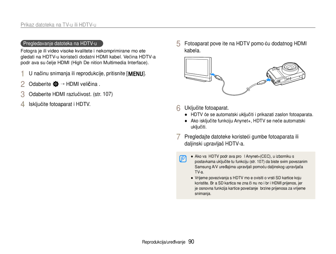 Samsung EC-EX1ZZZBPBE3, EC-EX1ZZZBPAE3 manual Prikaz datoteka na TV-u ili HDTV-u, Pregledavanje datoteka na HDTV-u 