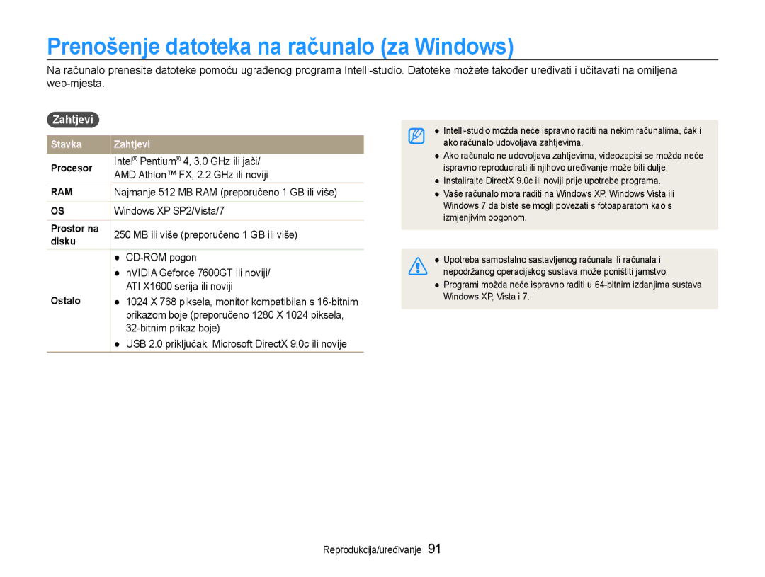 Samsung EC-EX1ZZZBPAE3, EC-EX1ZZZBPBE3 manual Prenošenje datoteka na računalo za Windows, Zahtjevi 