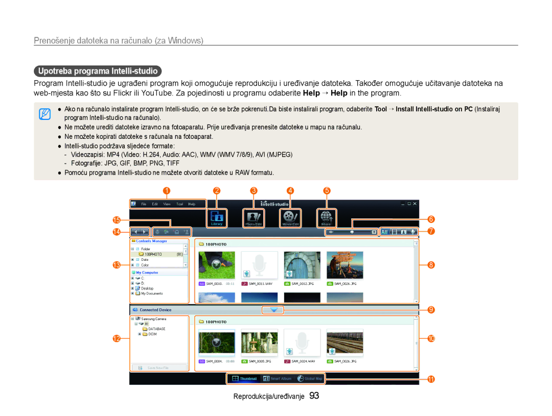 Samsung EC-EX1ZZZBPAE3, EC-EX1ZZZBPBE3 manual Prenošenje datoteka na računalo za Windows, Upotreba programa Intelli-studio 