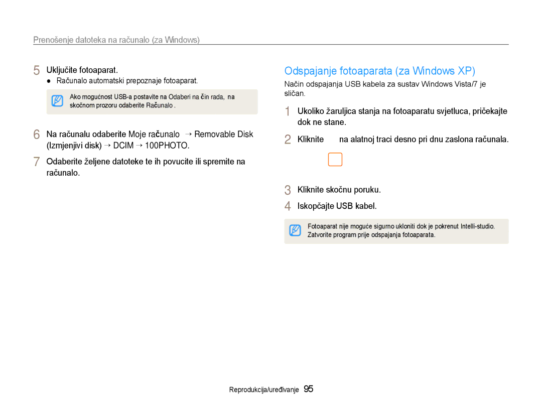 Samsung EC-EX1ZZZBPAE3, EC-EX1ZZZBPBE3 manual Odspajanje fotoaparata za Windows XP, Dok ne stane, Kliknite skočnu poruku 