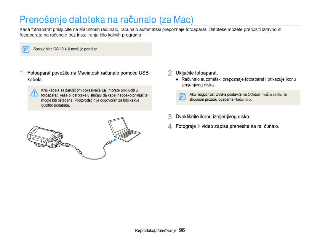 Samsung EC-EX1ZZZBPBE3 Prenošenje datoteka na računalo za Mac, Fotoaparat povežite na Macintosh računalo pomoću USB kabela 