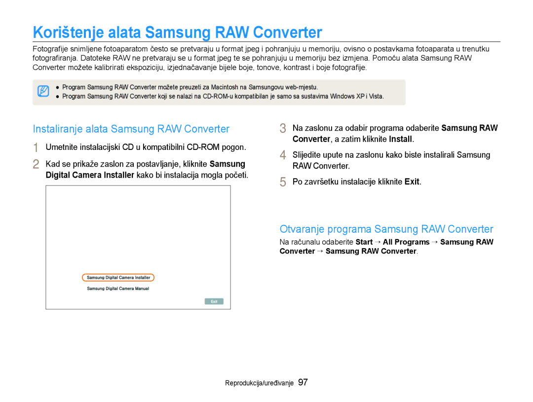 Samsung EC-EX1ZZZBPAE3, EC-EX1ZZZBPBE3 Korištenje alata Samsung RAW Converter, Instaliranje alata Samsung RAW Converter 