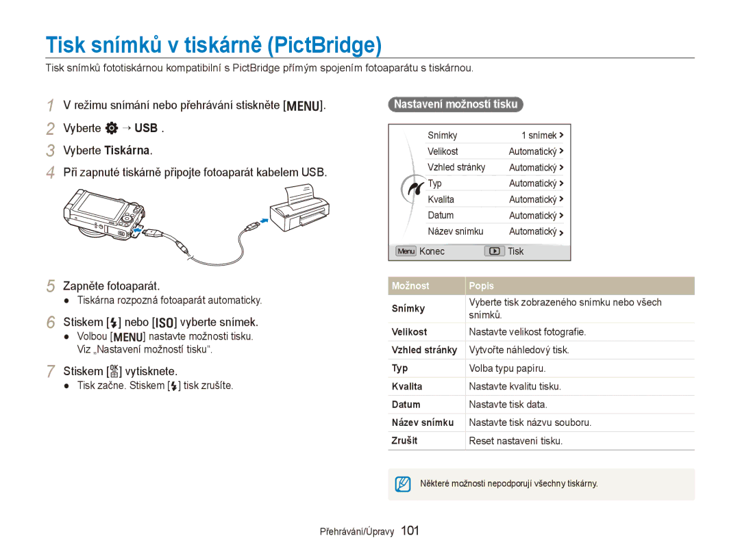 Samsung EC-EX1ZZZBPBE3 manual Tisk snímků v tiskárně PictBridge, Stiskem F nebo I vyberte snímek, Stiskem o vytisknete 