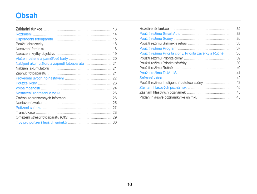 Samsung EC-EX1ZZZBPAE3, EC-EX1ZZZBPBE1, EC-EX1ZZZBPBE3, EC-EX1ZZZFPAE3, EC-EX1ZZZFPBE3 manual Obsah 