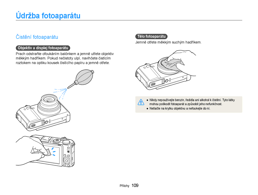 Samsung EC-EX1ZZZBPBE1 manual Údržba fotoaparátu, Čistění fotoaparátu, Objektiv a displej fotoaparátu, Tělo fotoaparátu 