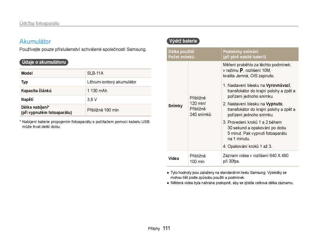 Samsung EC-EX1ZZZBPBE3, EC-EX1ZZZBPBE1, EC-EX1ZZZBPAE3, EC-EX1ZZZFPAE3 manual Akumulátor, Údaje o akumulátoru, Výdrž baterie 