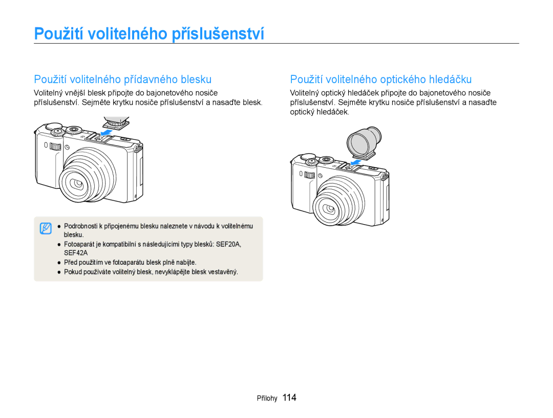 Samsung EC-EX1ZZZBPBE1, EC-EX1ZZZBPAE3 manual Použití volitelného příslušenství, Použití volitelného přídavného blesku 