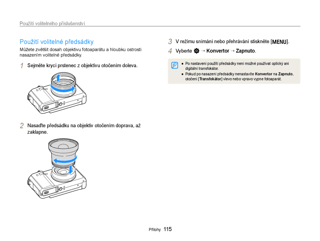 Samsung EC-EX1ZZZBPAE3, EC-EX1ZZZBPBE1, EC-EX1ZZZBPBE3 manual Použití volitelné předsádky, Použití volitelného příslušenství 