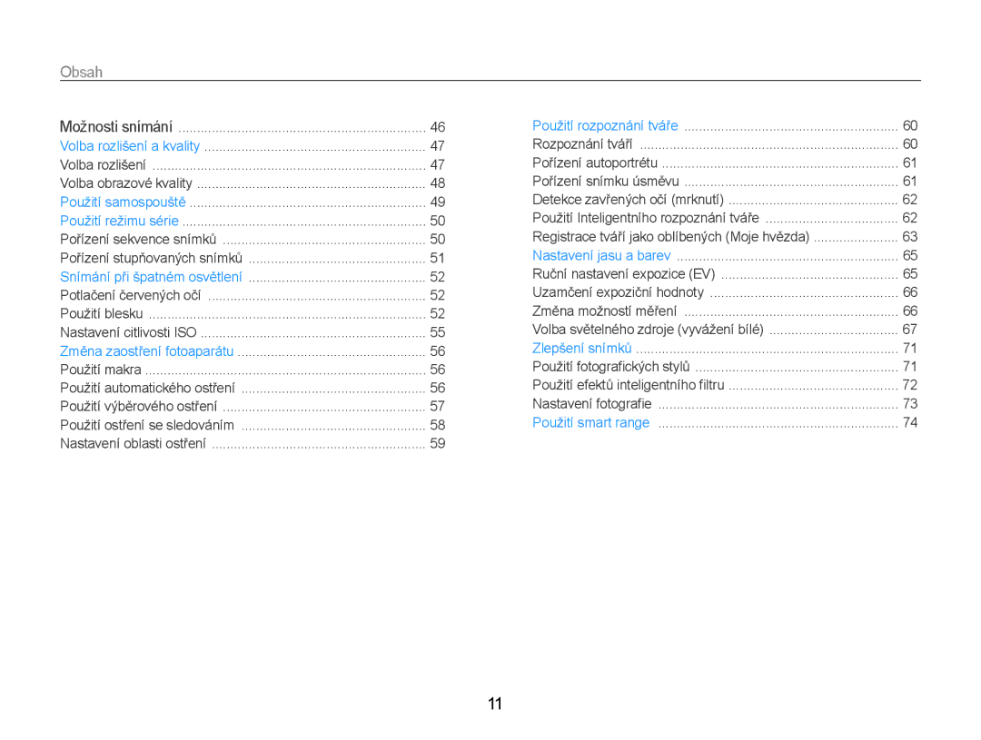 Samsung EC-EX1ZZZBPBE3, EC-EX1ZZZBPBE1, EC-EX1ZZZBPAE3, EC-EX1ZZZFPAE3, EC-EX1ZZZFPBE3 manual Obsah 