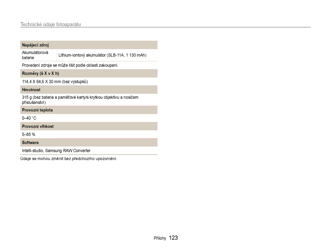 Samsung EC-EX1ZZZFPBE3, EC-EX1ZZZBPBE1 Napájecí zdroj, Rozměry š X v X h, Hmotnost, Provozní teplota, Provozní vlhkost 