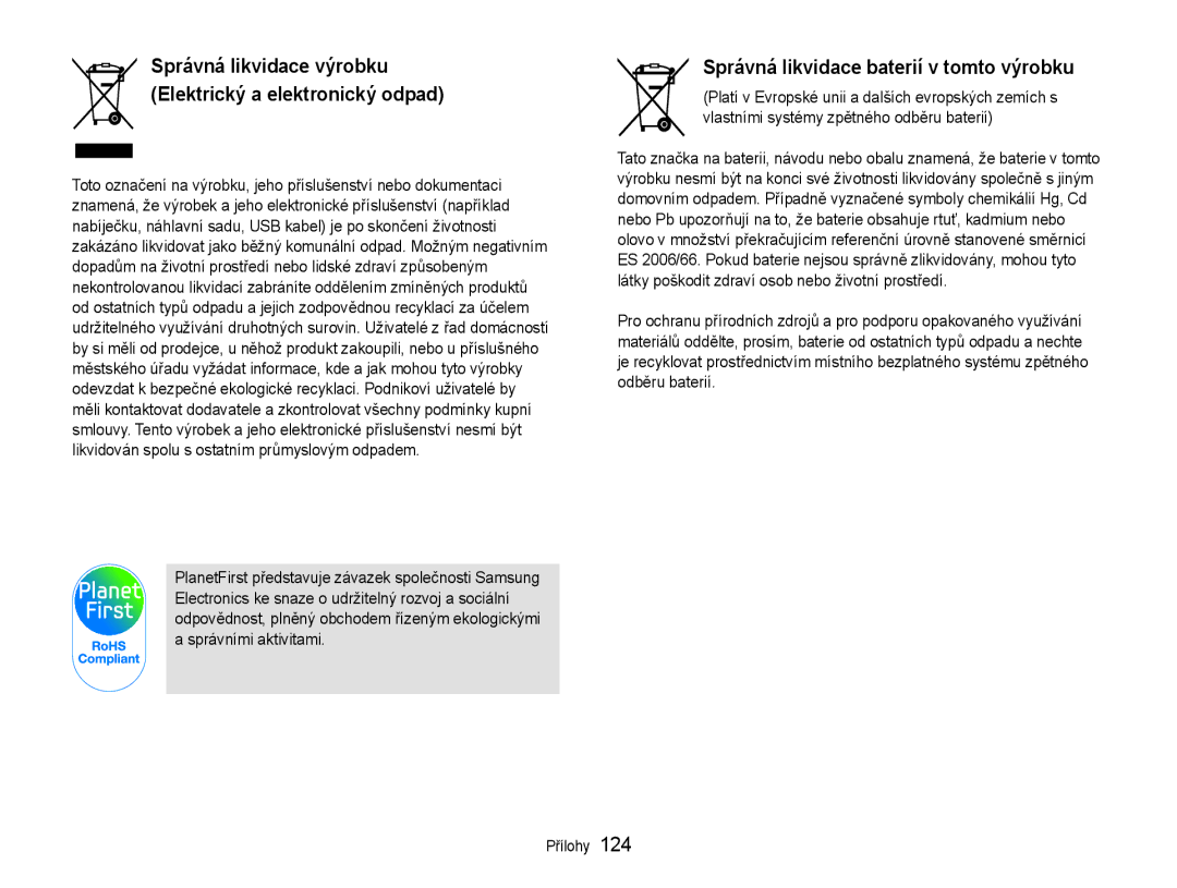 Samsung EC-EX1ZZZBPBE1, EC-EX1ZZZBPAE3, EC-EX1ZZZBPBE3, EC-EX1ZZZFPAE3 manual Správná likvidace baterií v tomto výrobku 