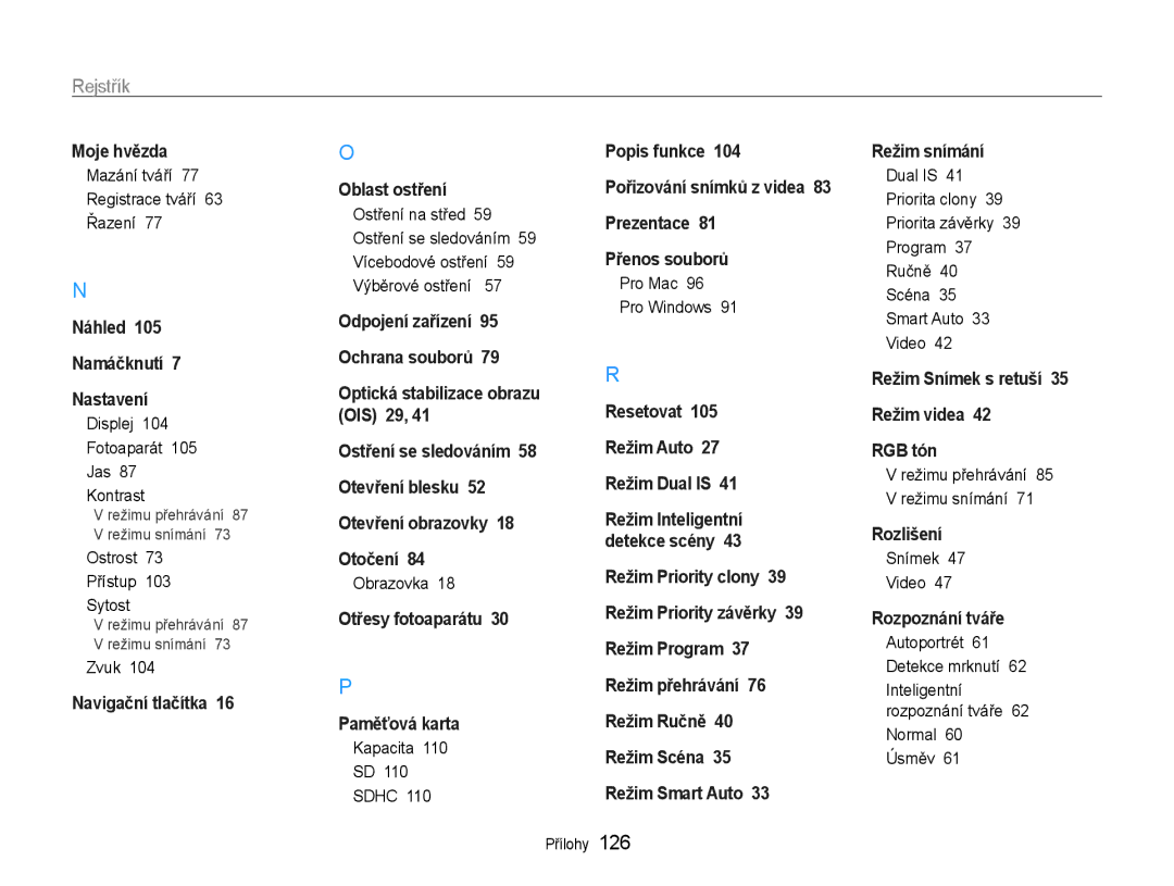 Samsung EC-EX1ZZZBPBE3, EC-EX1ZZZBPBE1, EC-EX1ZZZBPAE3, EC-EX1ZZZFPAE3, EC-EX1ZZZFPBE3 manual Rejstřík 