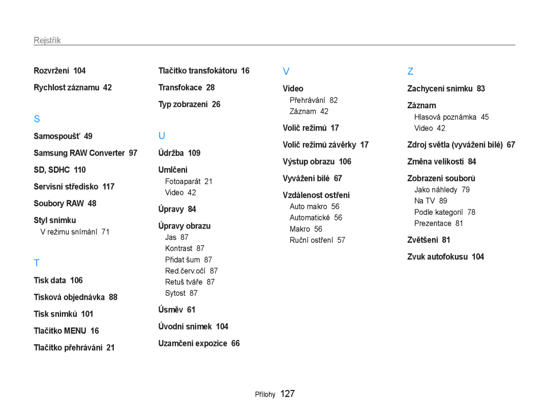 Samsung EC-EX1ZZZFPAE3 manual Režimu snímání, Fotoaparát Video, Jas Kontrast Přidat šum Red.červ.očí Retuš tváře Sytost 