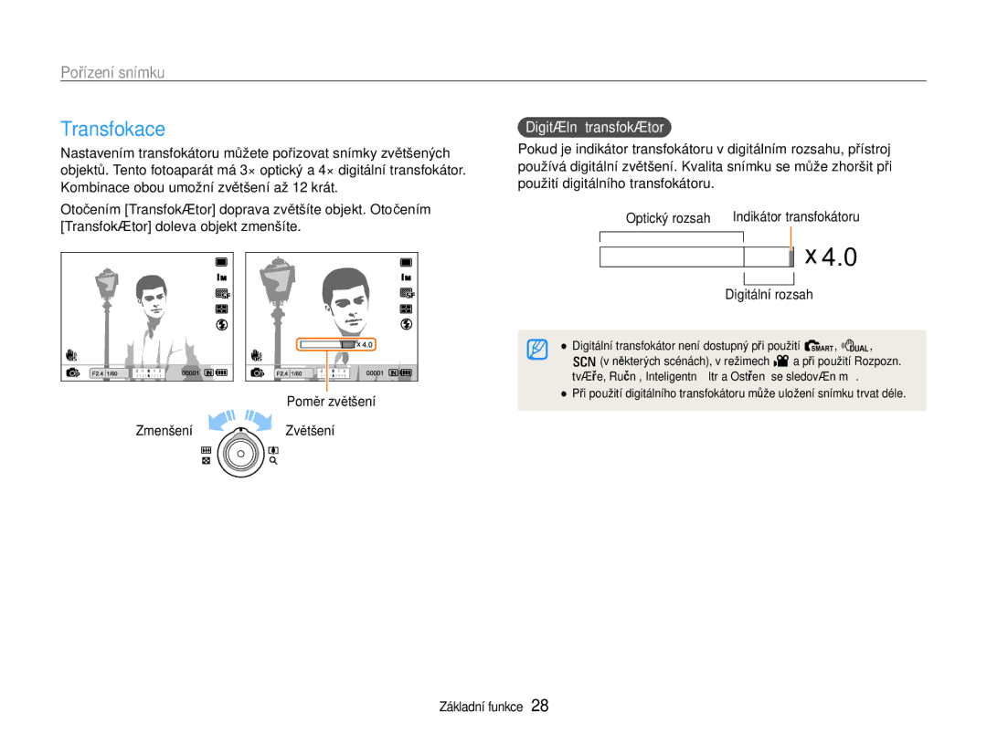 Samsung EC-EX1ZZZFPBE3, EC-EX1ZZZBPBE1 manual Transfokace, Pořízení snímku, Digitální transfokátor, Digitální rozsah 