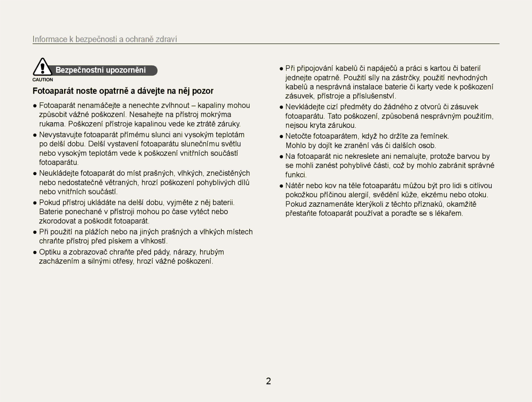 Samsung EC-EX1ZZZFPAE3 manual Informace k bezpečnosti a ochraně zdraví, Fotoaparát noste opatrně a dávejte na něj pozor 