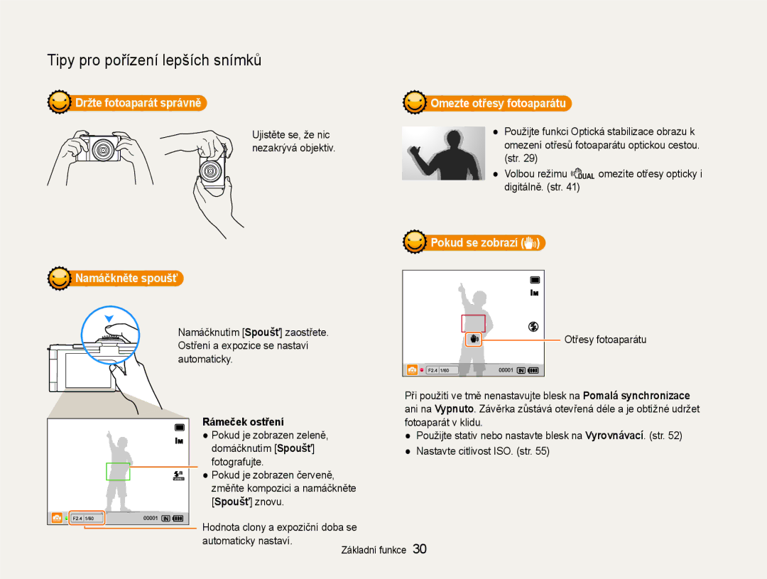 Samsung EC-EX1ZZZBPAE3 manual Držte fotoaparát správně, Namáčkněte spoušť, Rámeček ostření, Omezte otřesy fotoaparátu 