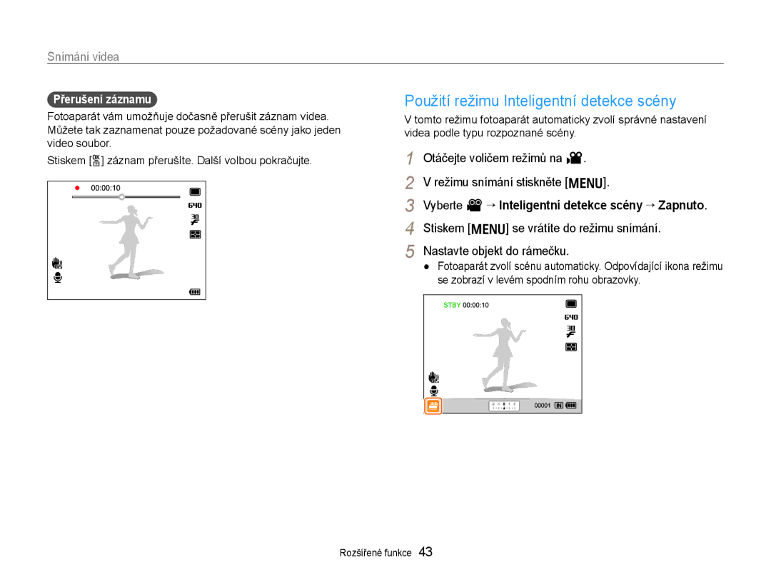 Samsung EC-EX1ZZZFPBE3 manual Použití režimu Inteligentní detekce scény, Snímání videa, Nastavte objekt do rámečku 