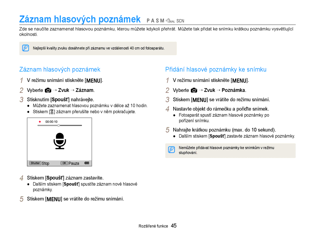 Samsung EC-EX1ZZZBPAE3, EC-EX1ZZZBPBE1 manual Záznam hlasových poznámek p a S M d s, Přidání hlasové poznámky ke snímku 