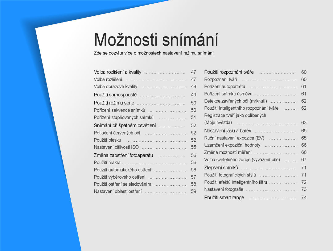 Samsung EC-EX1ZZZBPBE3, EC-EX1ZZZBPBE1 manual Možnosti snímání, Zde se dozvíte více o možnostech nastavení režimu snímání 