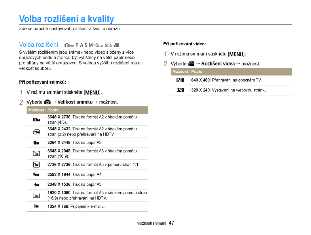 Samsung EC-EX1ZZZFPAE3, EC-EX1ZZZBPBE1 Volba rozlišení a kvality, Volba rozlišení t p a S M d s, Při pořizování snímků 