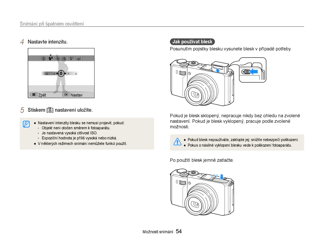 Samsung EC-EX1ZZZBPBE1 manual Posunutím pojistky blesku vysunete blesk v případě potřeby, Po použití blesk jemně zatlačte 