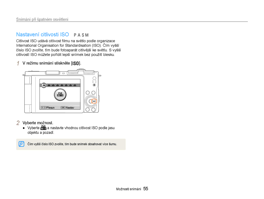 Samsung EC-EX1ZZZBPAE3, EC-EX1ZZZBPBE1, EC-EX1ZZZBPBE3 manual Nastavení citlivosti ISO p a S M, Režimu snímání stiskněte 