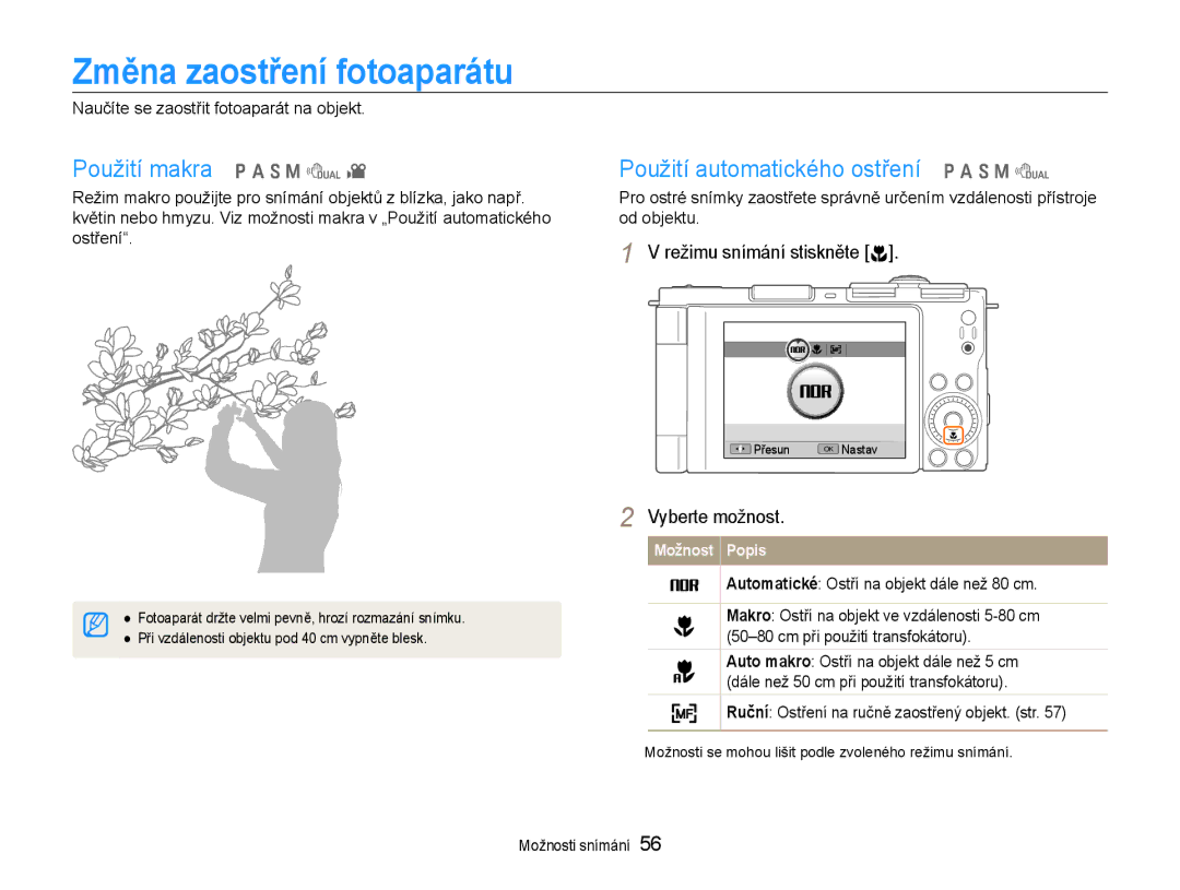 Samsung EC-EX1ZZZBPBE3 manual Změna zaostření fotoaparátu, Použití makra p a S M d, Použití automatického ostření p a S M d 