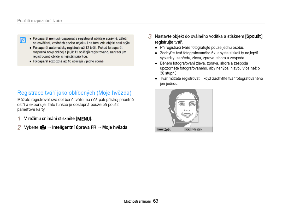 Samsung EC-EX1ZZZFPBE3 Registrace tváří jako oblíbených Moje hvězda, Vyberte a “ Inteligentní úprava FR “ Moje hvězda 