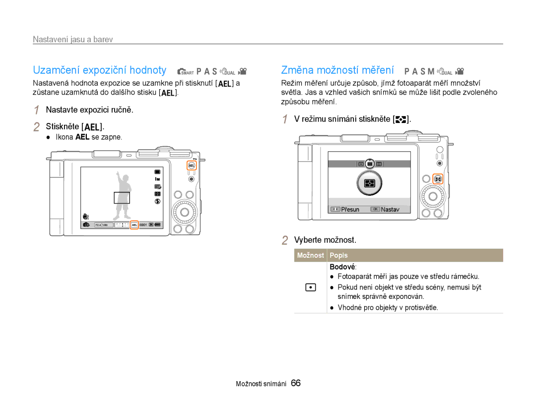 Samsung EC-EX1ZZZBPBE3 manual Uzamčení expoziční hodnoty t p a S d, Změna možností měření p a S M d, Nastavení jasu a barev 