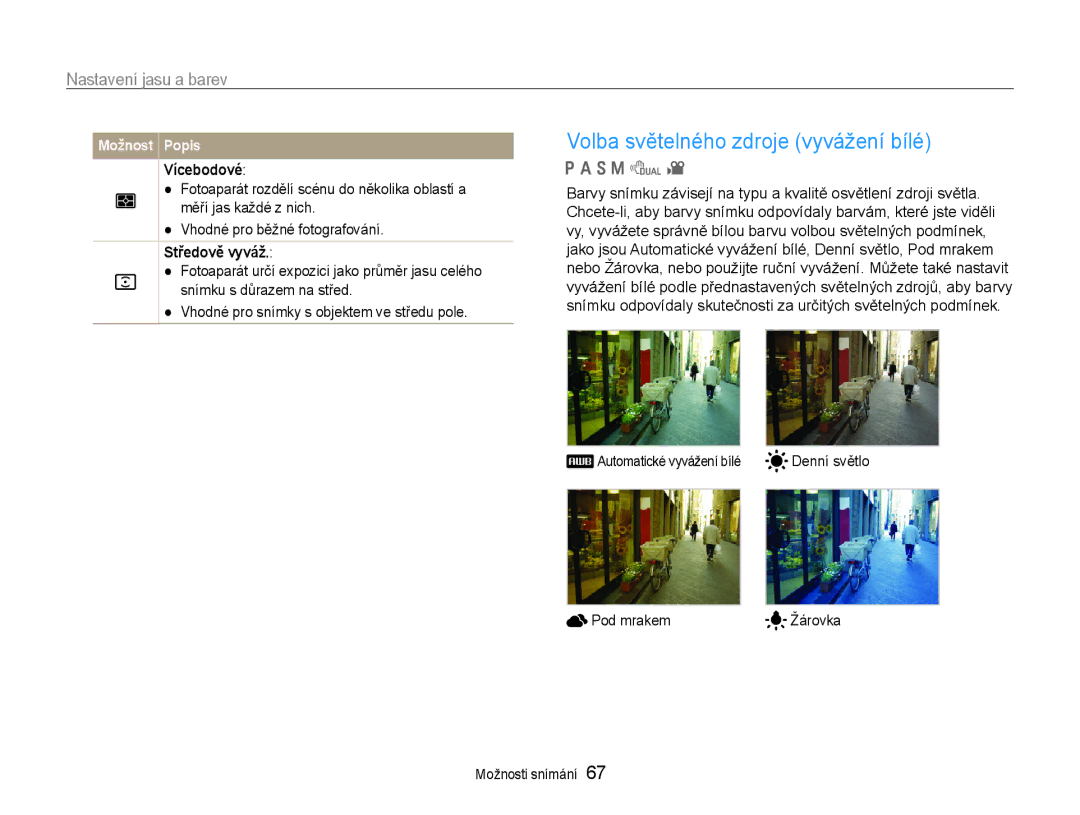 Samsung EC-EX1ZZZFPAE3 manual Volba světelného zdroje vyvážení bílé, Vícebodové, Středově vyváž, Denní světlo, Pod mrakem 