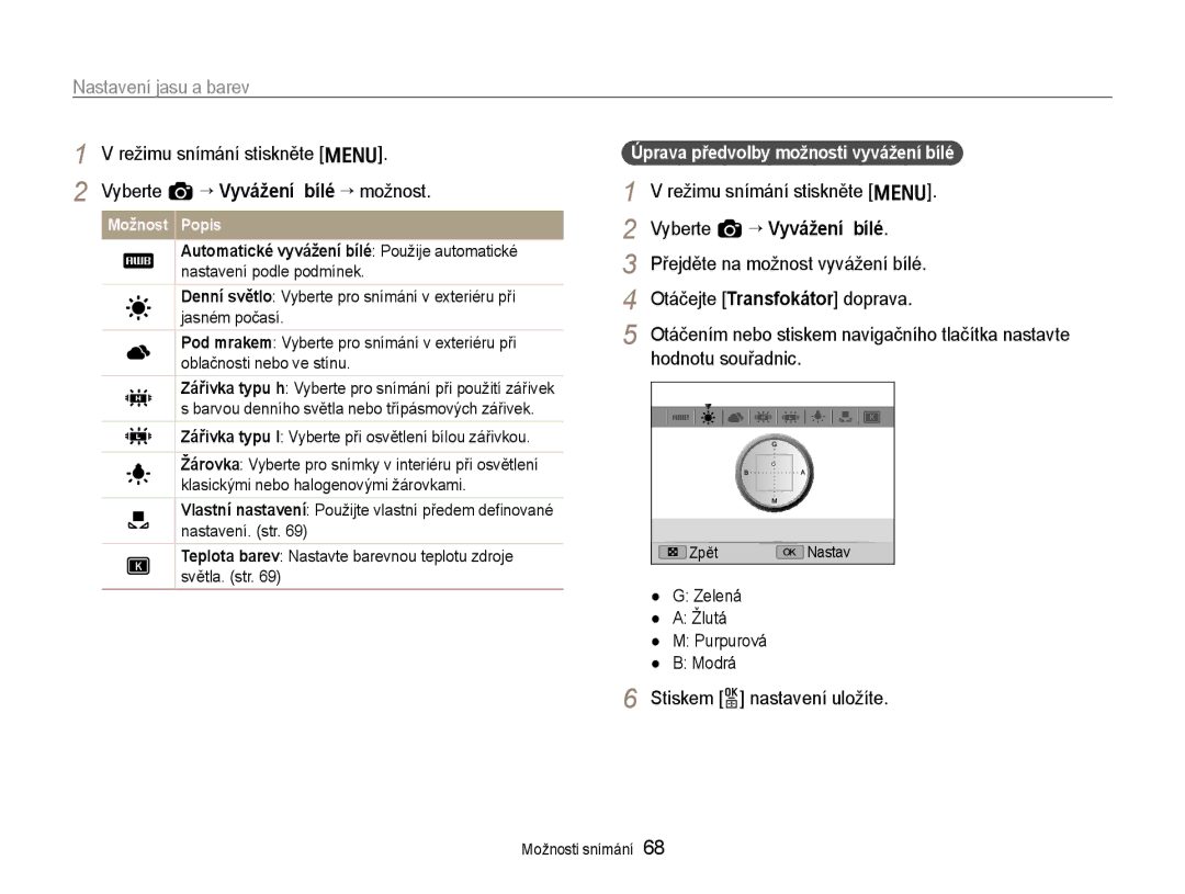 Samsung EC-EX1ZZZFPBE3, EC-EX1ZZZBPBE1 manual Vyberte a “ Vyvážení bílé, Zářivka typu l Vyberte při osvětlení bílou zářivkou 