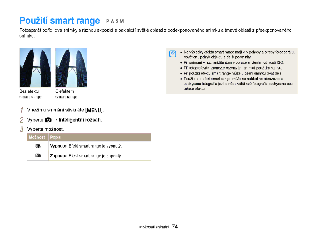 Samsung EC-EX1ZZZBPBE1, EC-EX1ZZZBPAE3, EC-EX1ZZZBPBE3, EC-EX1ZZZFPAE3, EC-EX1ZZZFPBE3 manual Použití smart range p a S M 