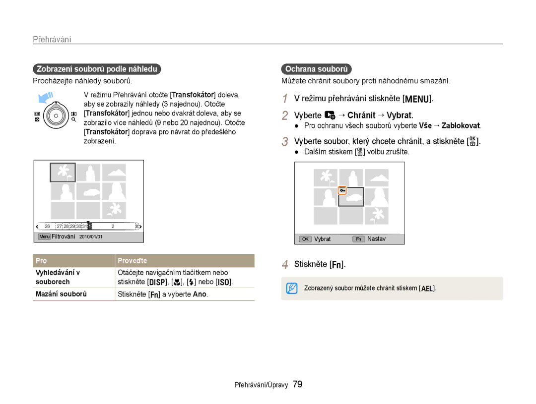 Samsung EC-EX1ZZZBPBE1 manual Režimu přehrávání stiskněte m Vyberte u ““Chránit ““Vybrat, Stiskněte f, Ochrana souborů 