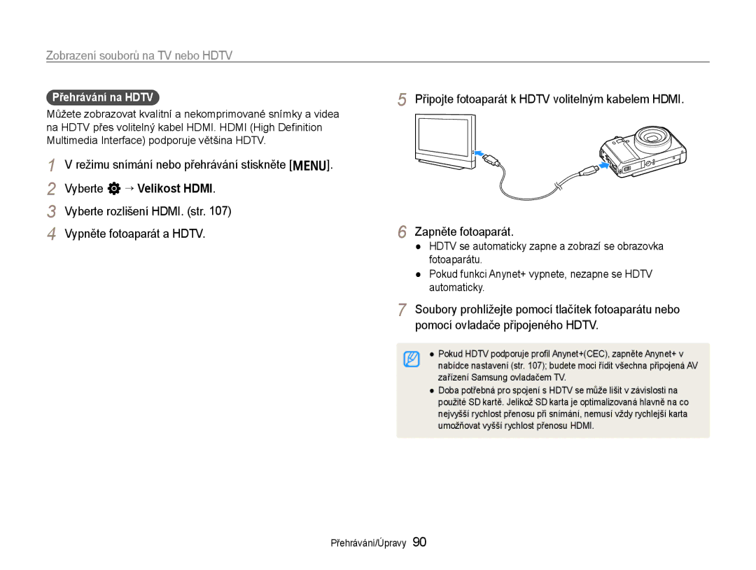 Samsung EC-EX1ZZZBPAE3, EC-EX1ZZZBPBE1, EC-EX1ZZZBPBE3, EC-EX1ZZZFPAE3 Zobrazení souborů na TV nebo Hdtv, Přehrávání na Hdtv 