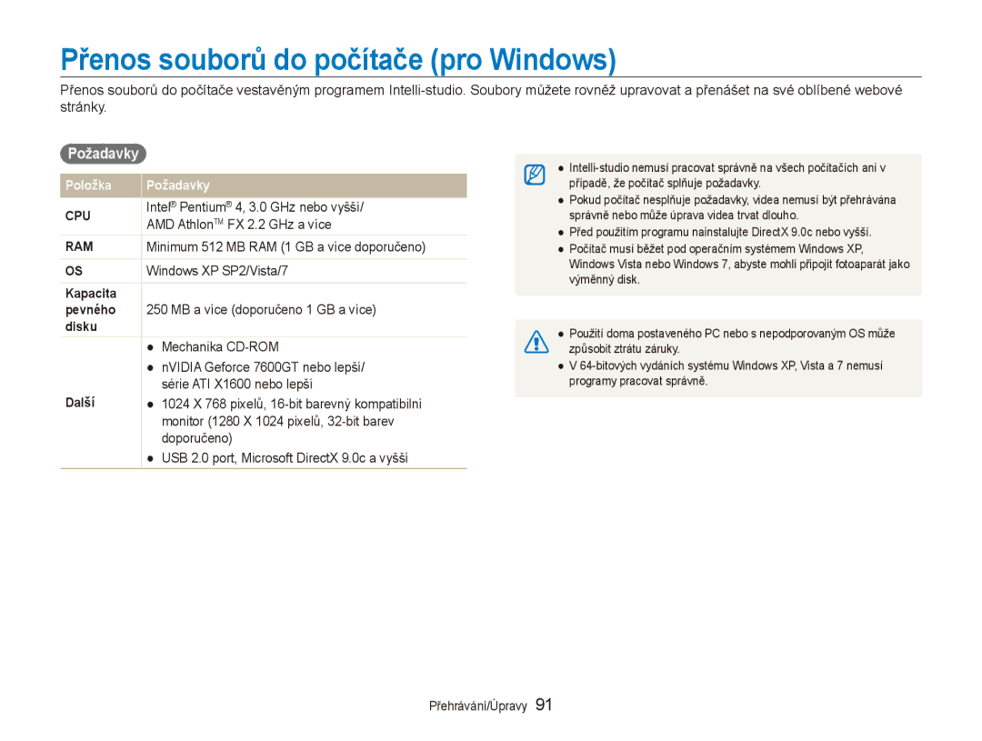 Samsung EC-EX1ZZZBPBE3, EC-EX1ZZZBPBE1, EC-EX1ZZZBPAE3, EC-EX1ZZZFPAE3 Přenos souborů do počítače pro Windows, Požadavky 