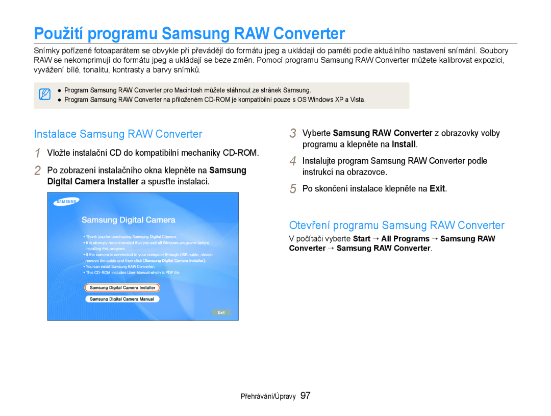 Samsung EC-EX1ZZZFPAE3, EC-EX1ZZZBPBE1 manual Použití programu Samsung RAW Converter, Instalace Samsung RAW Converter 