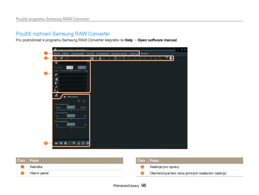 Samsung EC-EX1ZZZFPBE3, EC-EX1ZZZBPBE1 manual Použití rozhraní Samsung RAW Converter, Použití programu Samsung RAW Converter 