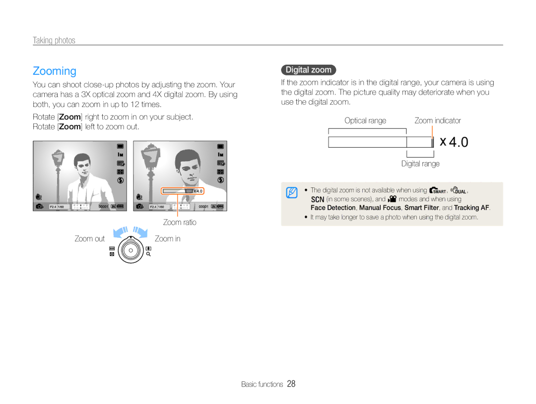 Samsung EC-EX1ZZZBPAE1, EC-EX1ZZZBPBE1, EC-EX1ZZZBPAGB, EC-EX1ZZZBPBIT Zooming, Taking photos, Digital zoom, Digital range 