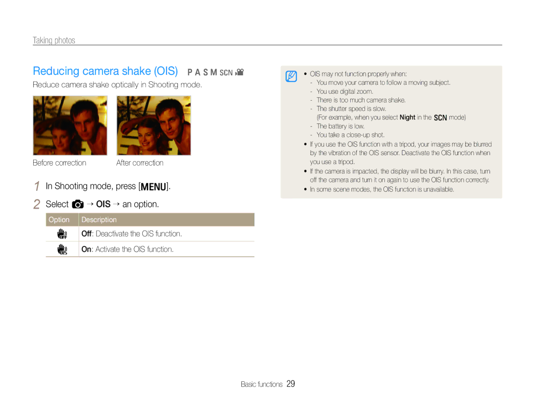 Samsung EC-EX1ZZZBMBTH manual Reducing camera shake OIS p a S M s, Shooting mode, press m Select a “ OIS “ an option 