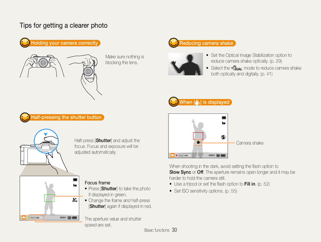 Samsung EC-EX1ZZZBMBMY manual Holding your camera correctly, Half-pressing the shutter button, Reducing camera shake 