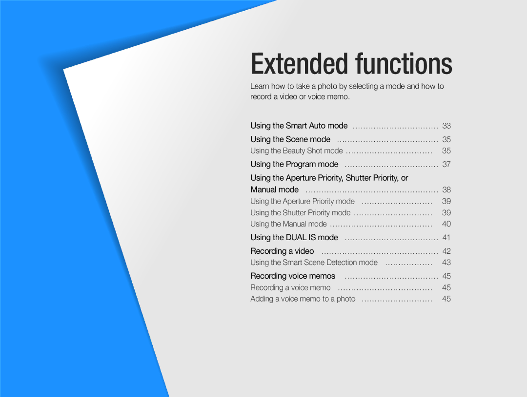 Samsung EC-EX1ZZZFPBE3, EC-EX1ZZZBPBE1, EC-EX1ZZZBPAGB, EC-EX1ZZZBPBIT, EC-EX1ZZZBPAIT, EC-EX1ZZZBPAE3 manual Extended functions 